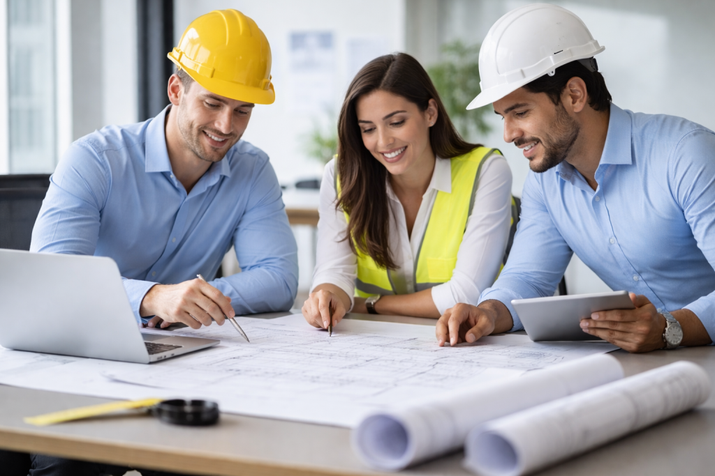 ingenieros revisando planos en oficina